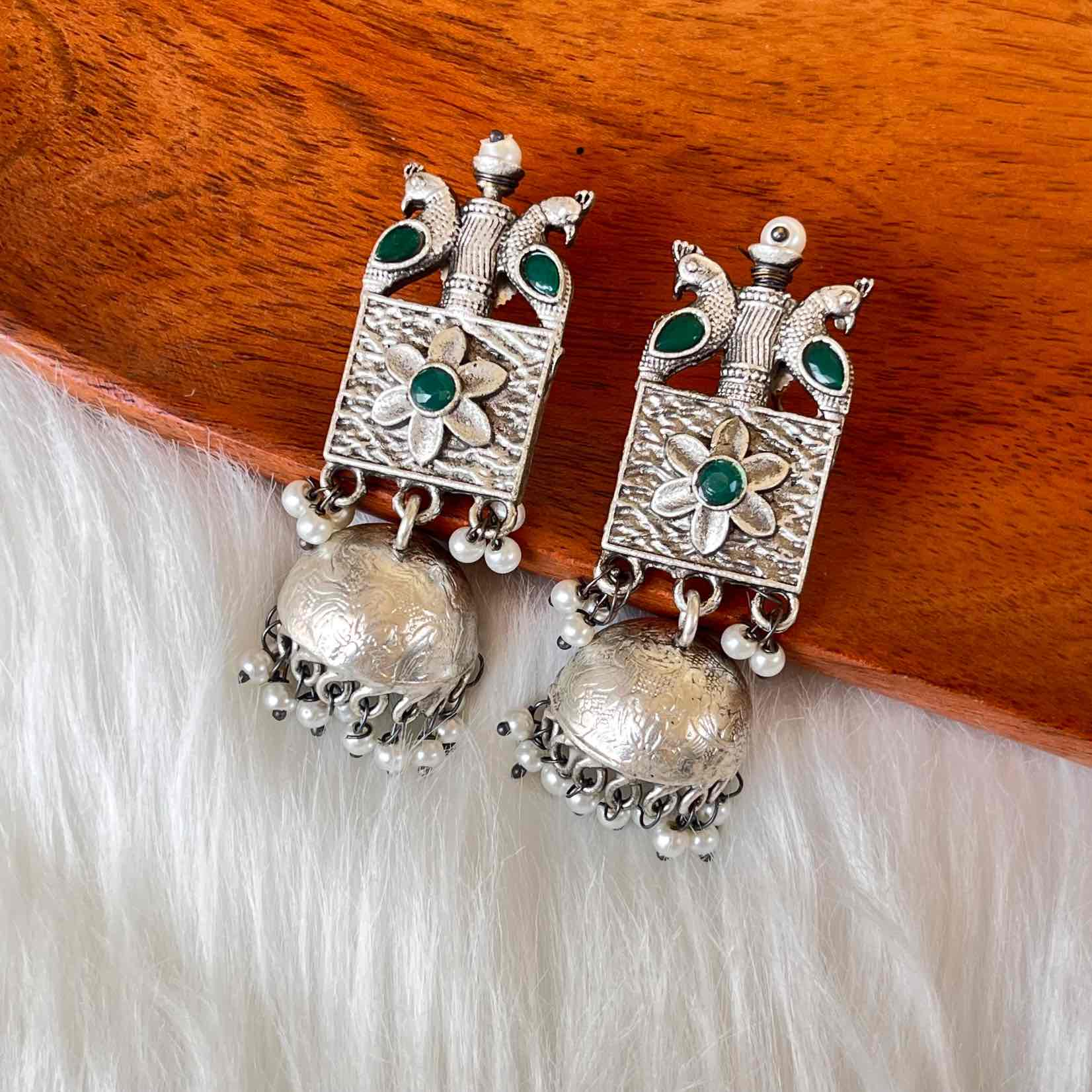 Green Mayuri Jhumkas