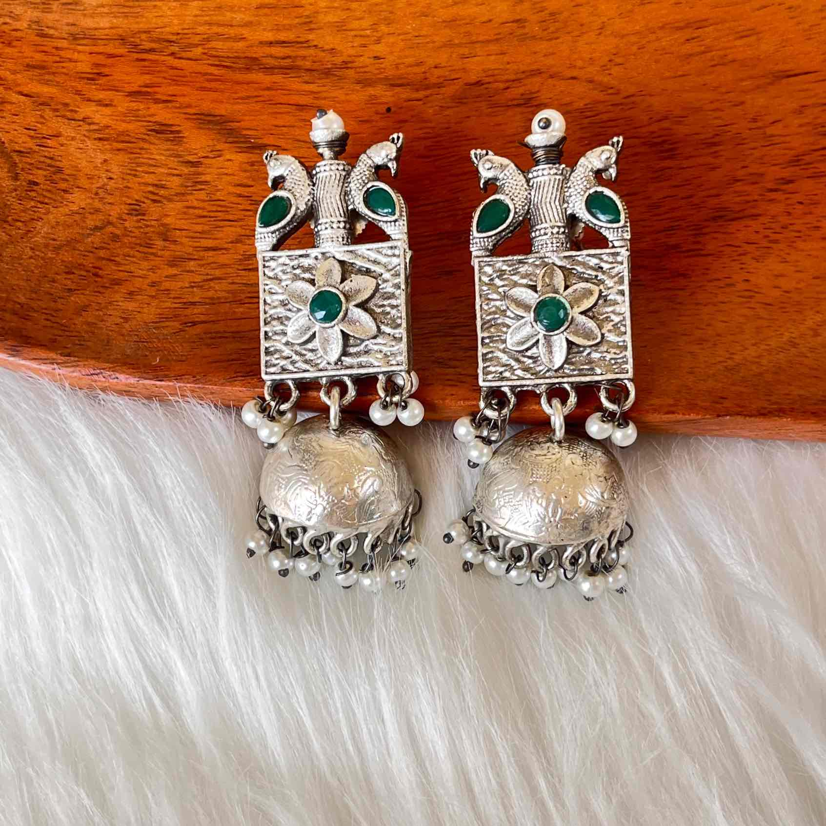 Green Mayuri Jhumkas