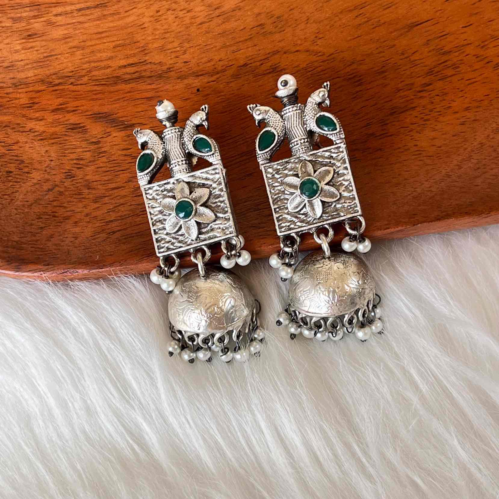 Green Mayuri Jhumkas