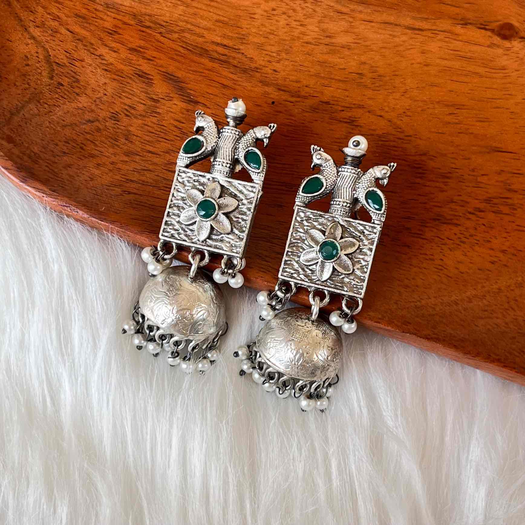 Green Mayuri Jhumkas